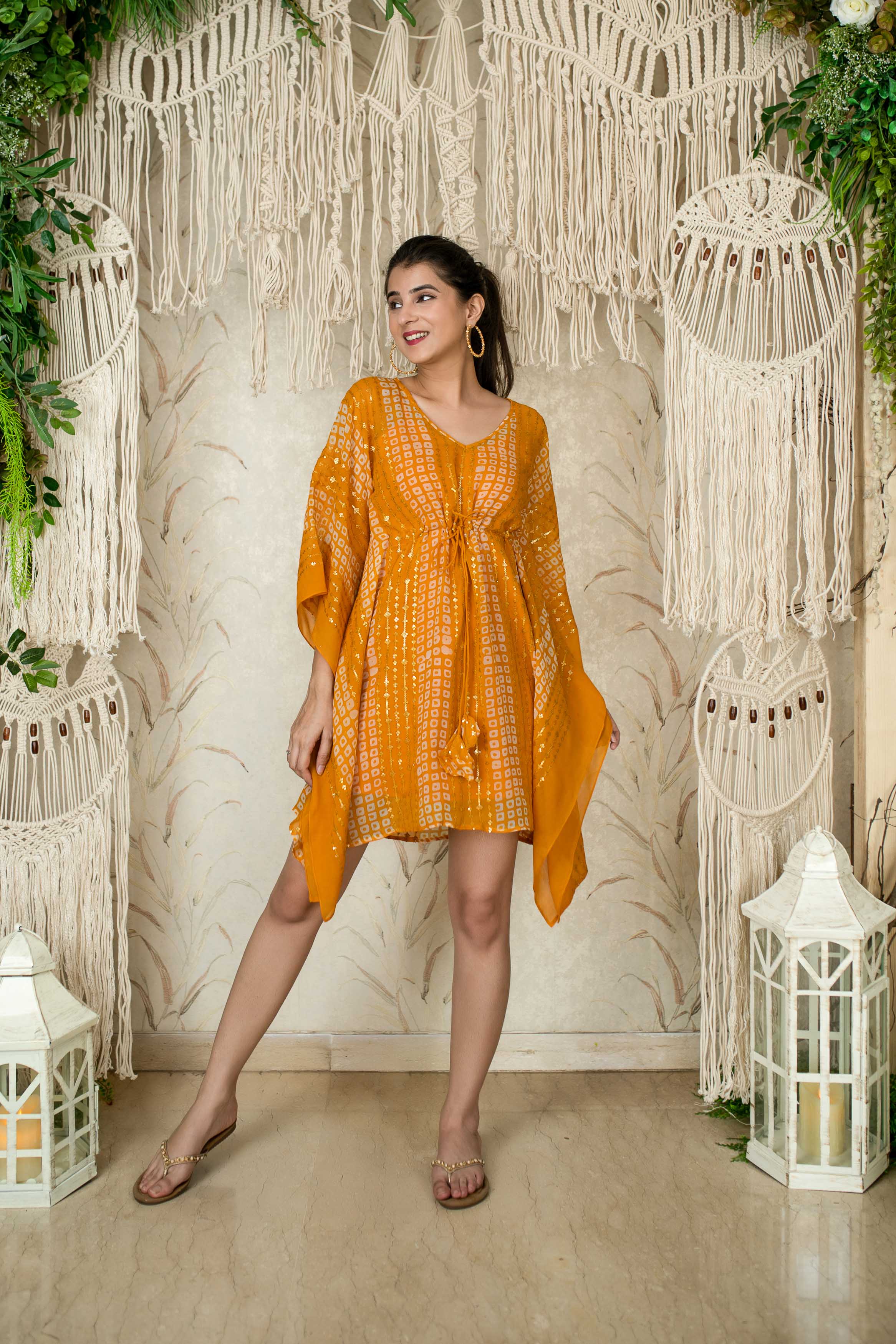 Mustard Thread Work And Sequin Kaftan