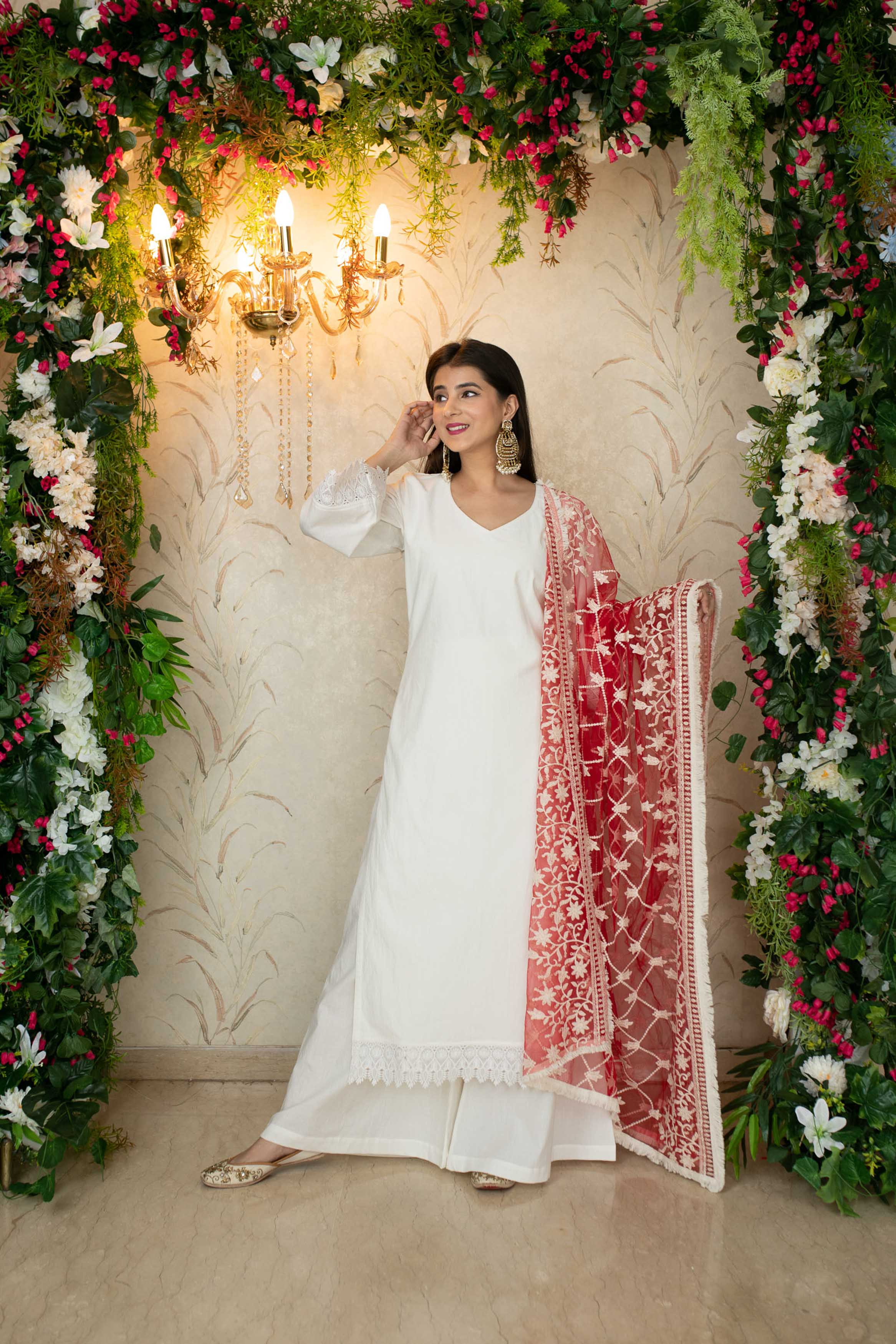 White Kurta With Red Thread Work Dupatta