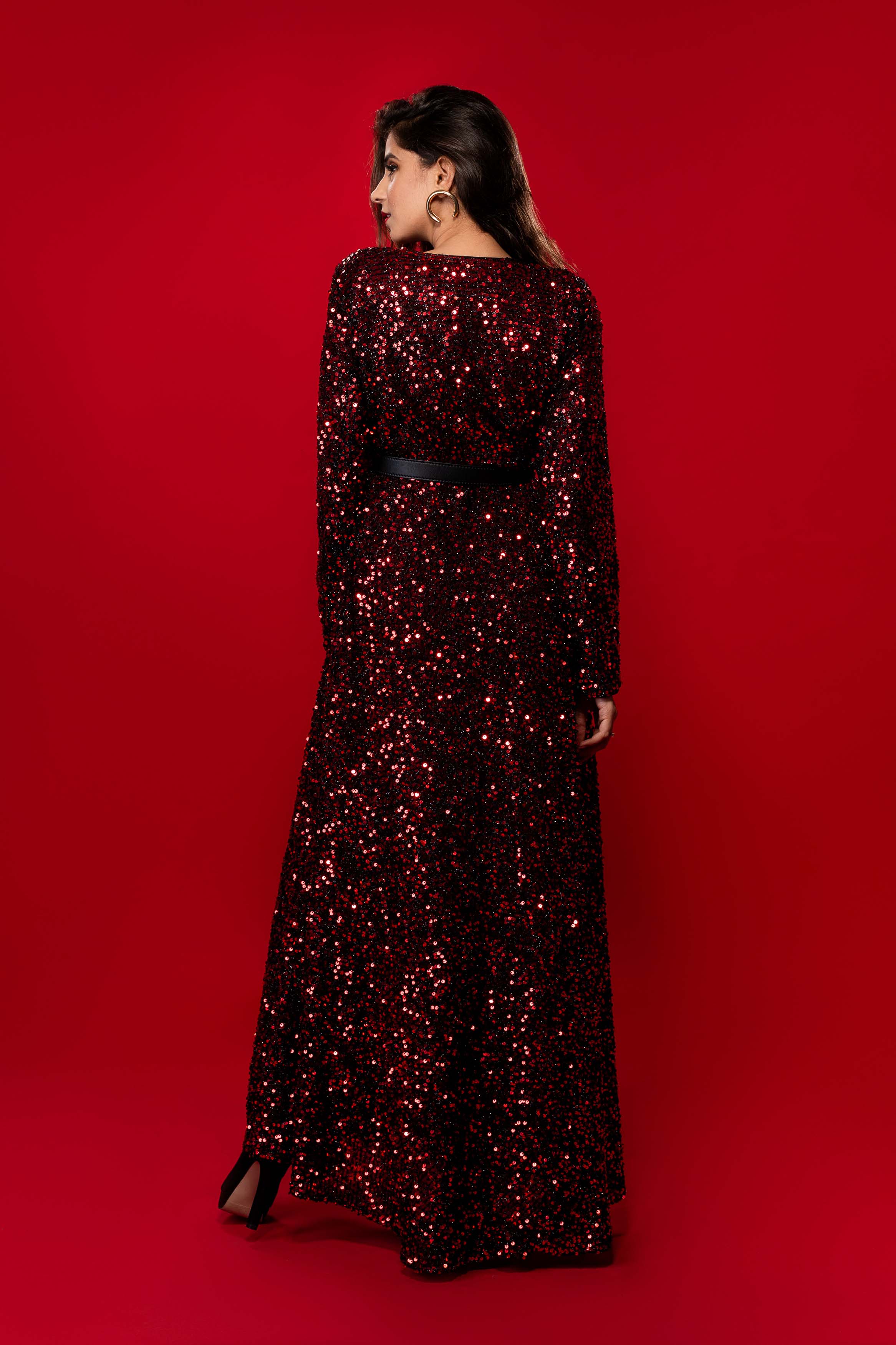 Red Sequin Long Gown With Slit