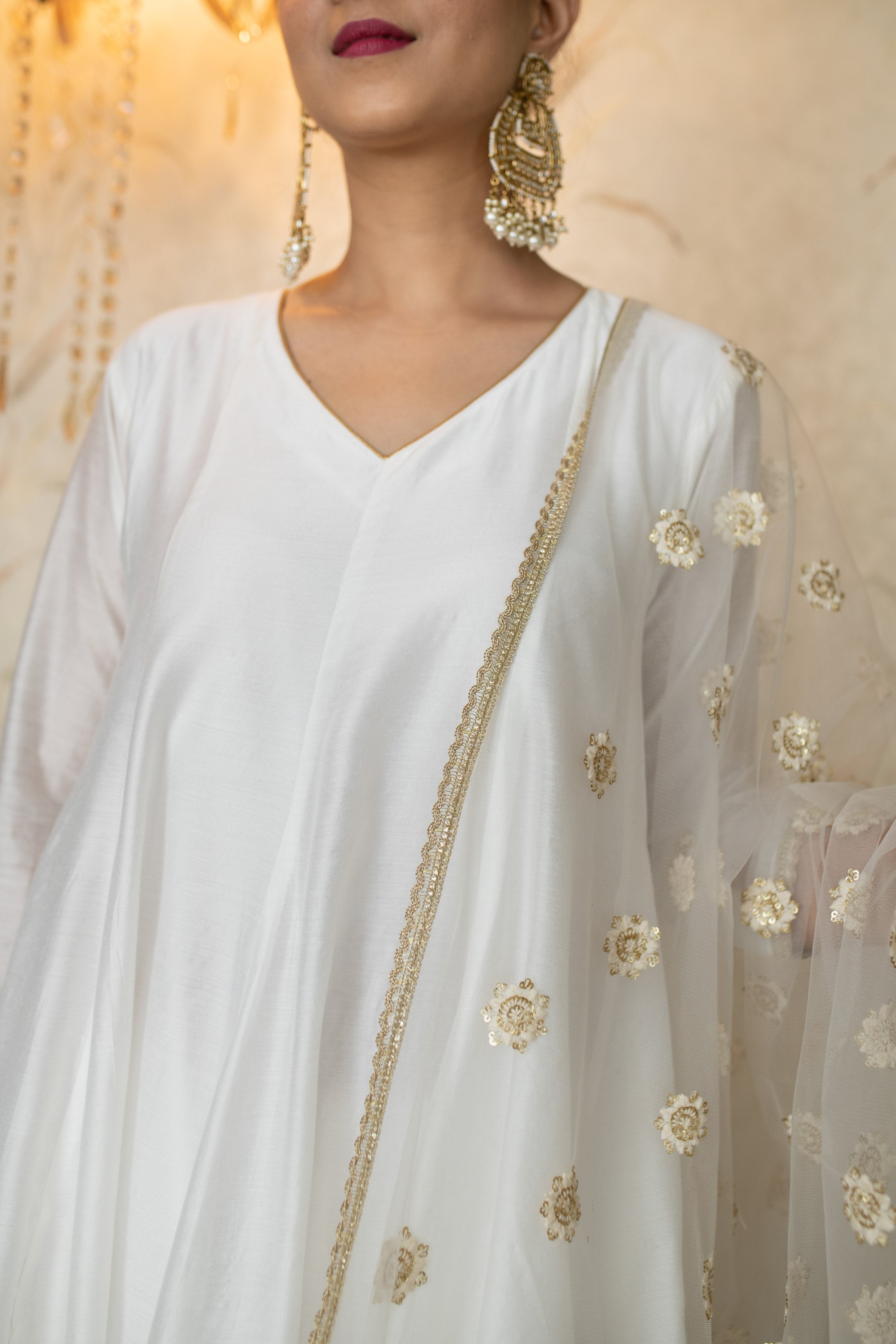 White Chanderi Anarkali With Thread Work Dupatta