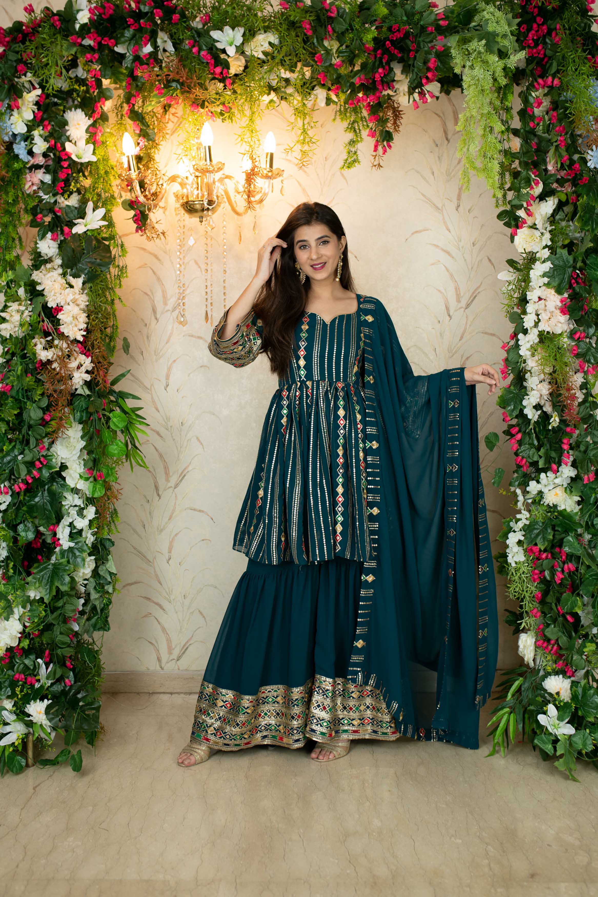 Teal Blue Peplum Kurta With Sharara