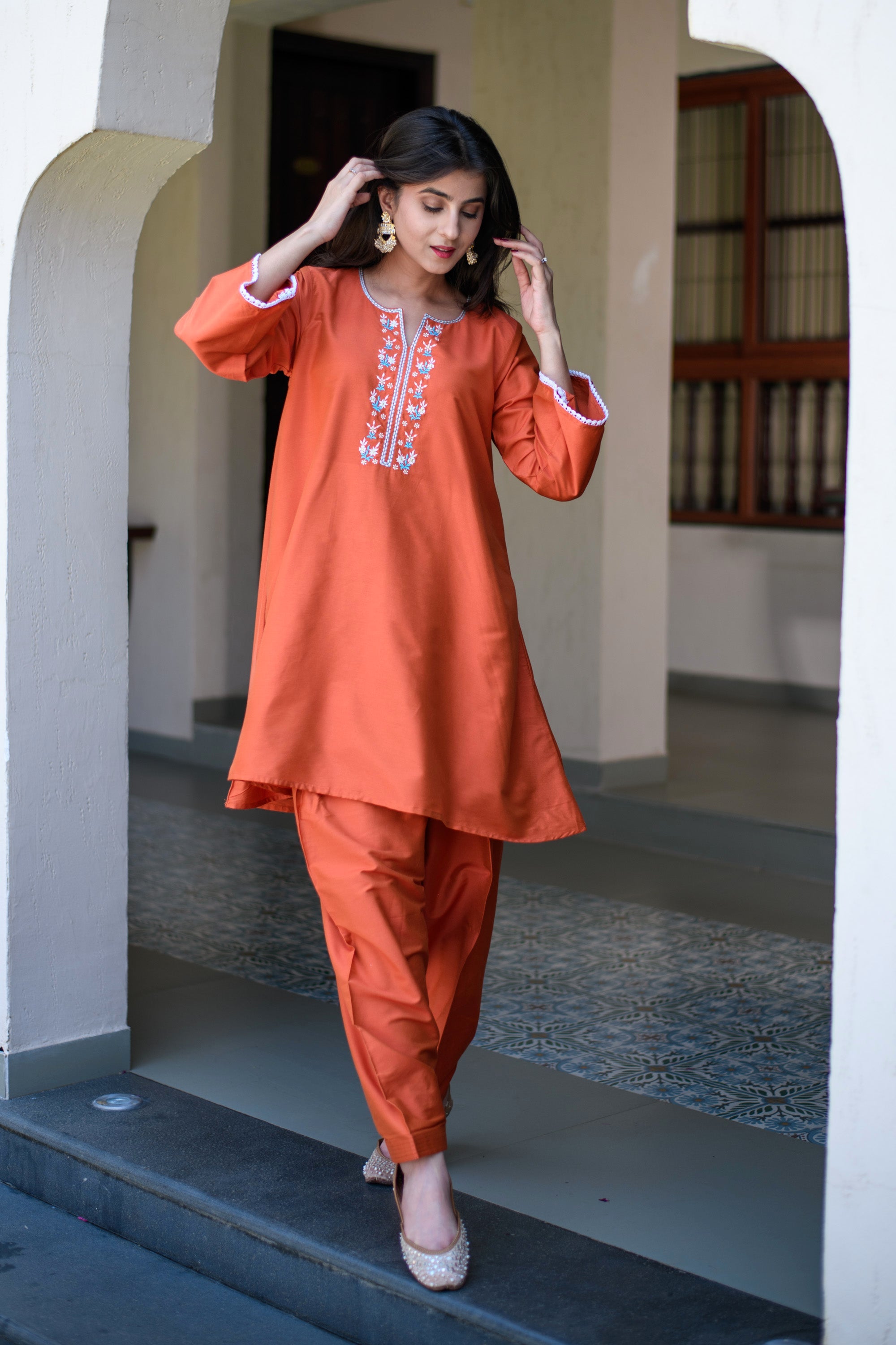 Orange Short Kurta Embroidery Co-Ord Set