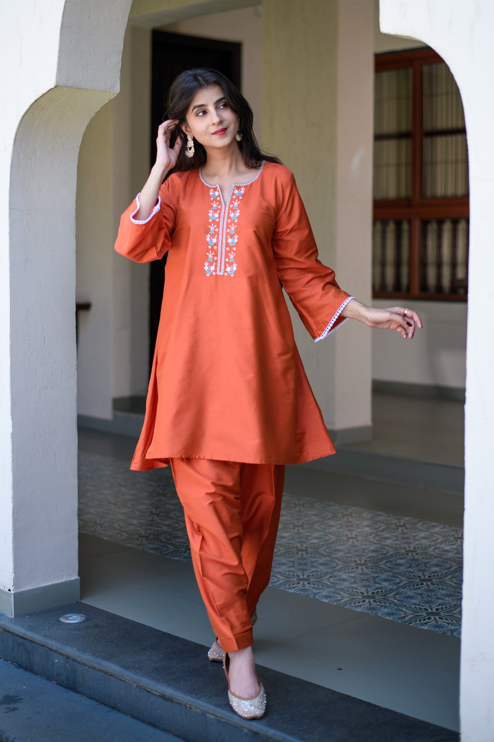 Orange Short Kurta Embroidery Co-Ord Set