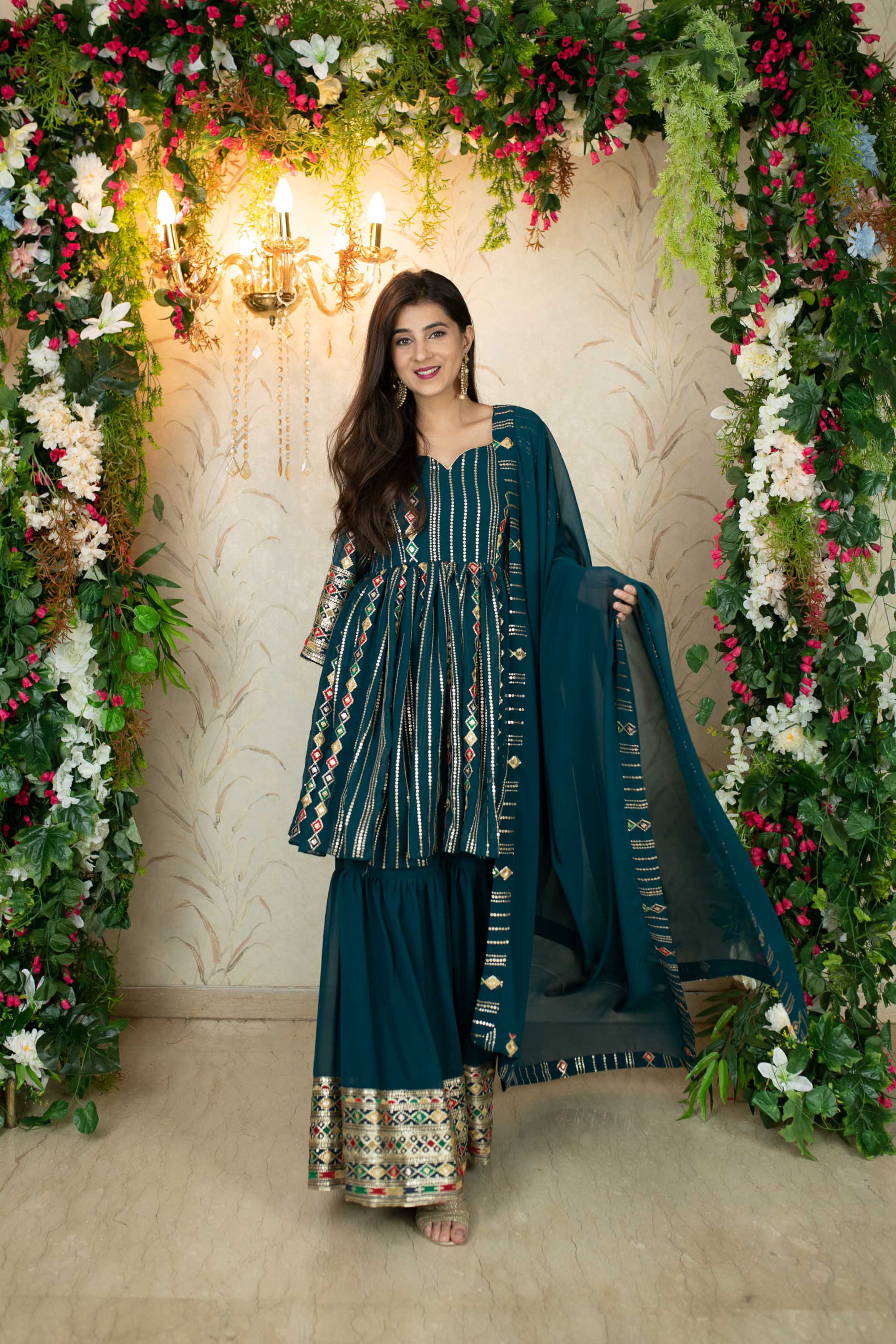 Teal Blue Peplum Kurta With Sharara