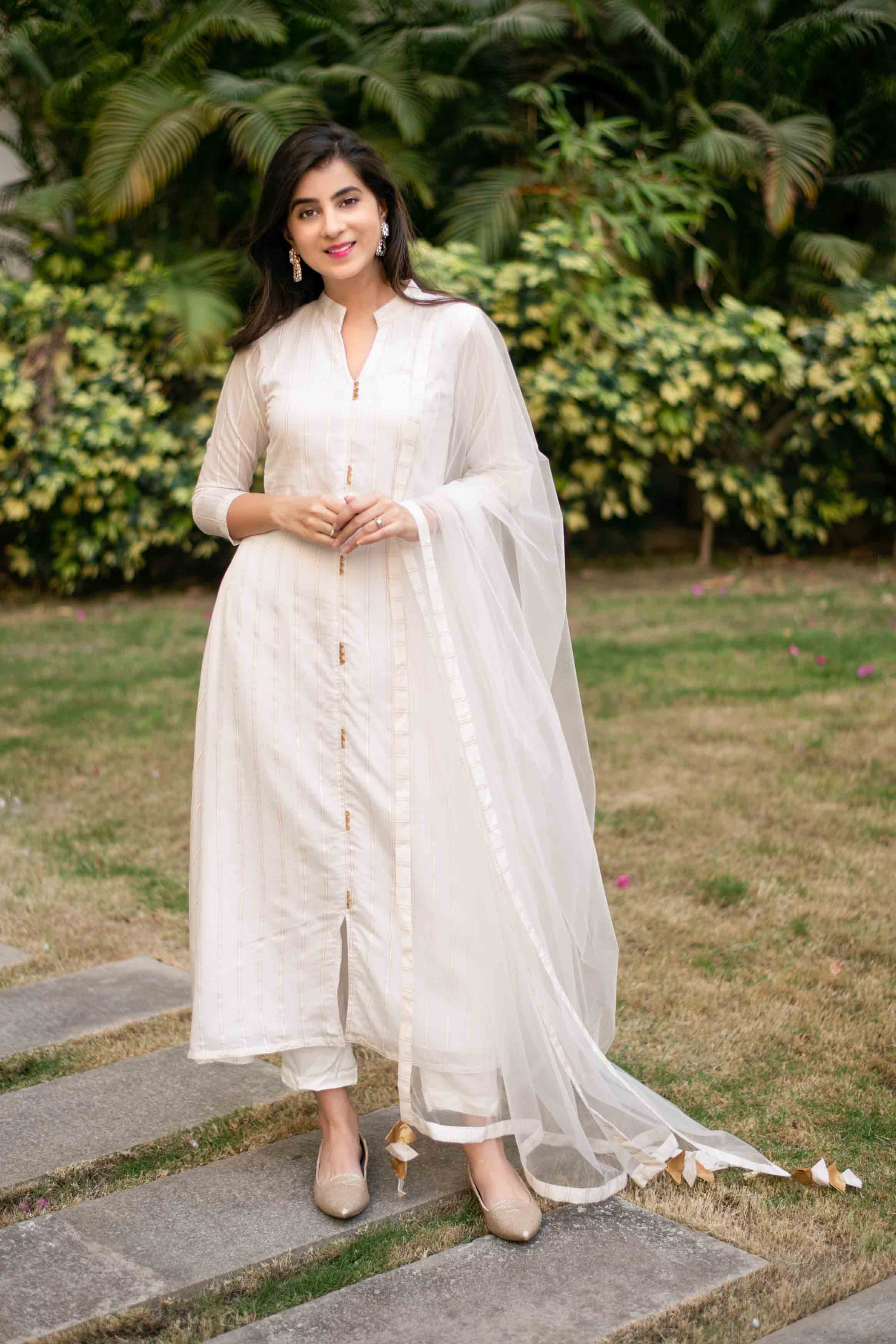 White A-Line Chanderi Kurta Set With Dupatta