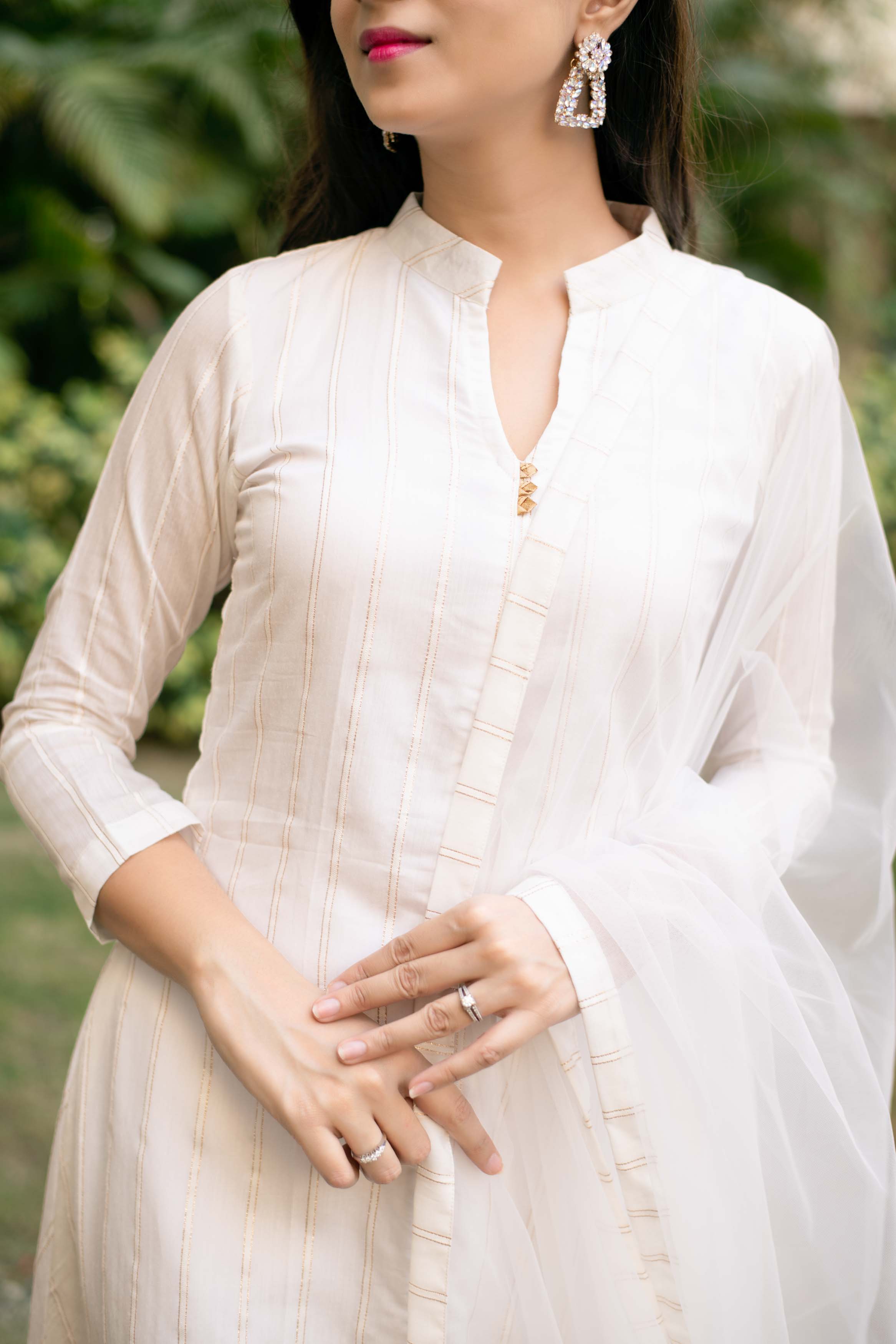 White A-Line Chanderi Kurta Set With Dupatta