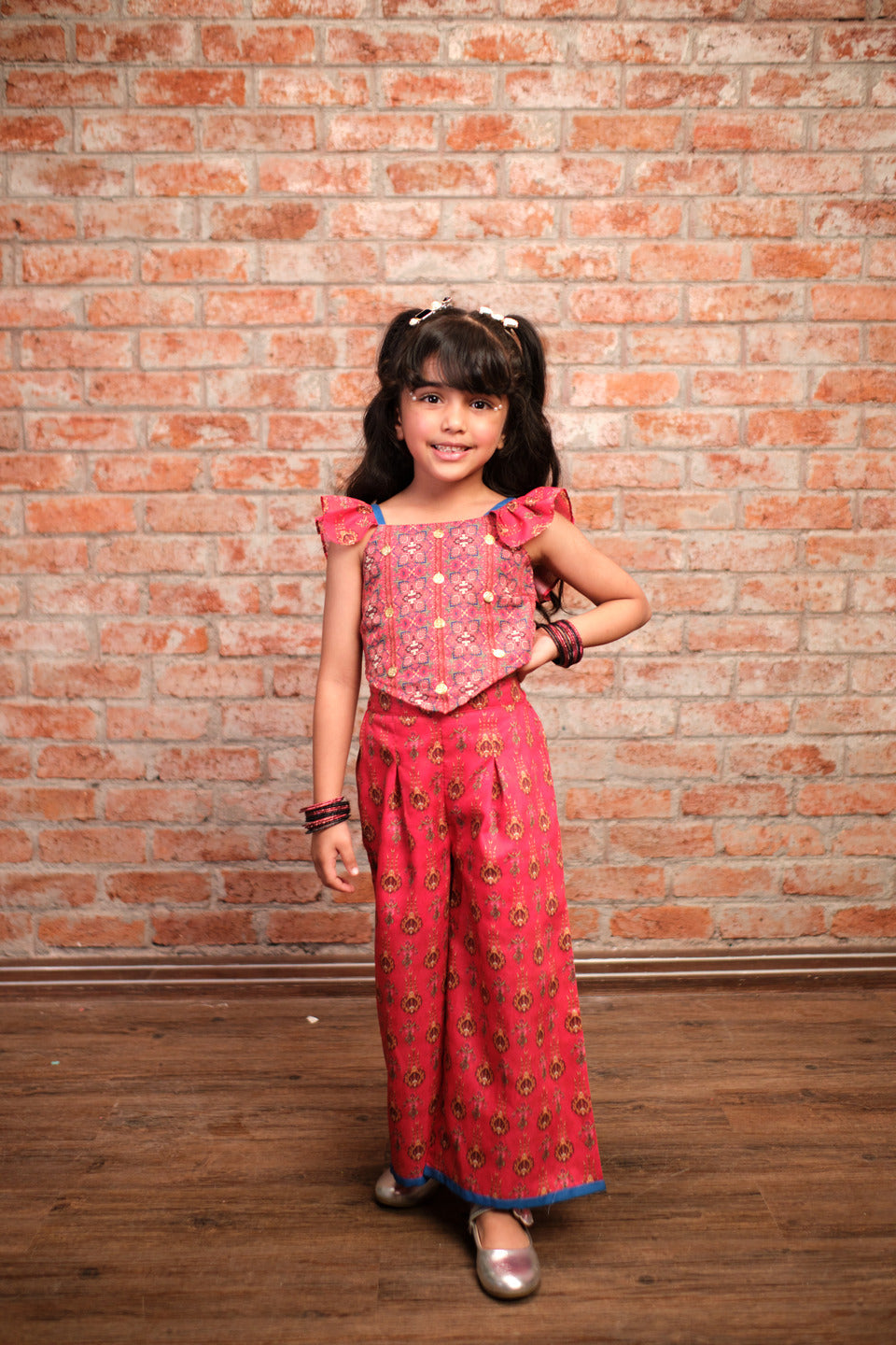 Ethnic Twist Girls Red Print Box Pleat Pant with Top Girls Co-ordinate set