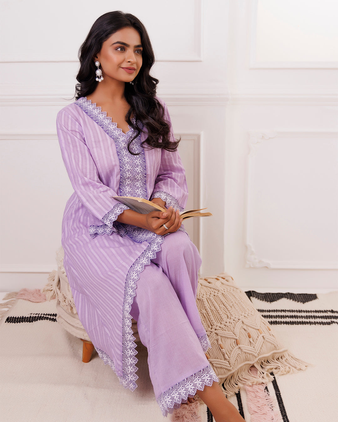 Ghazal Lavender Lino Mul Up-down Lace Co-ord Set