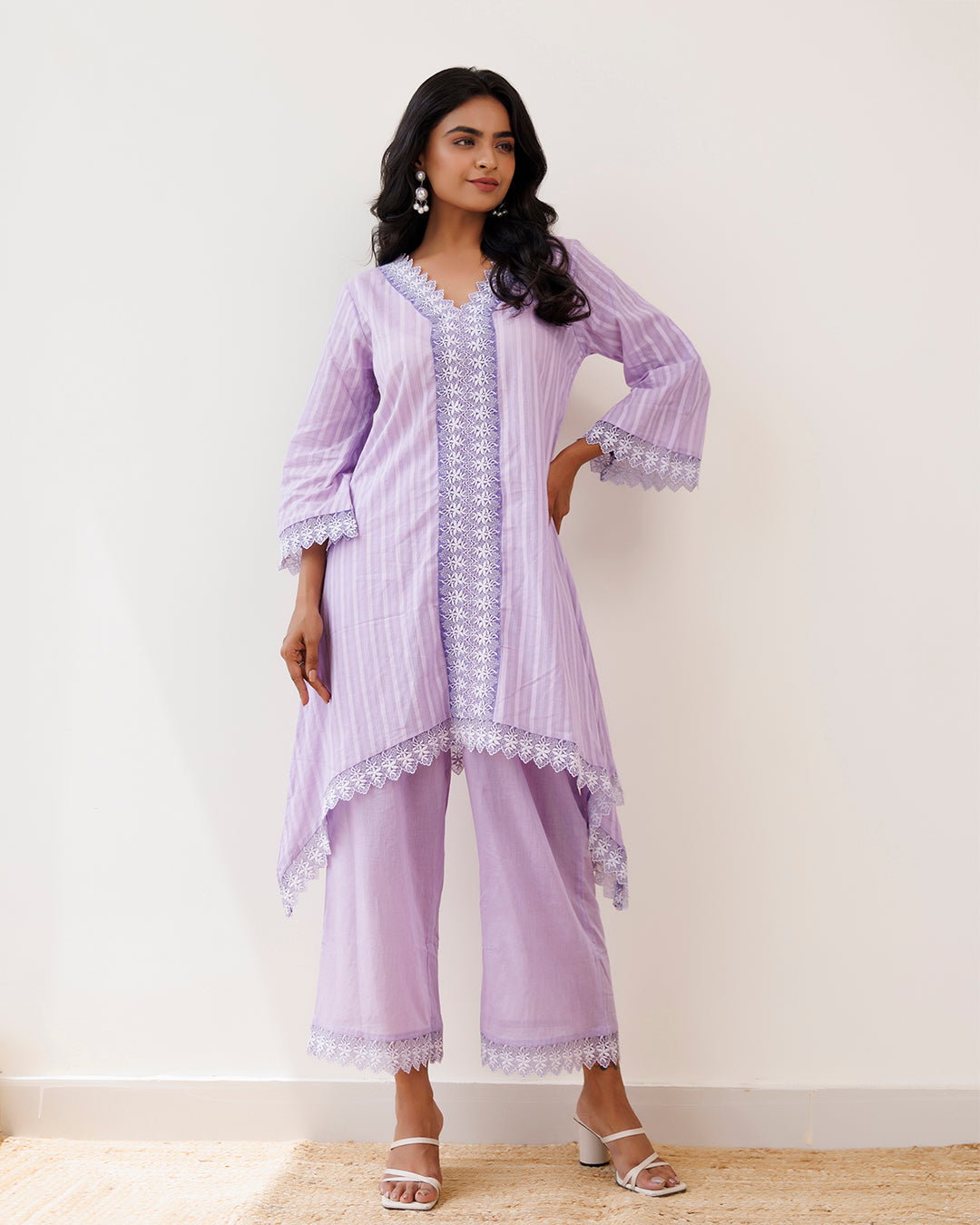 Ghazal Lavender Lino Mul Up-down Lace Co-ord Set