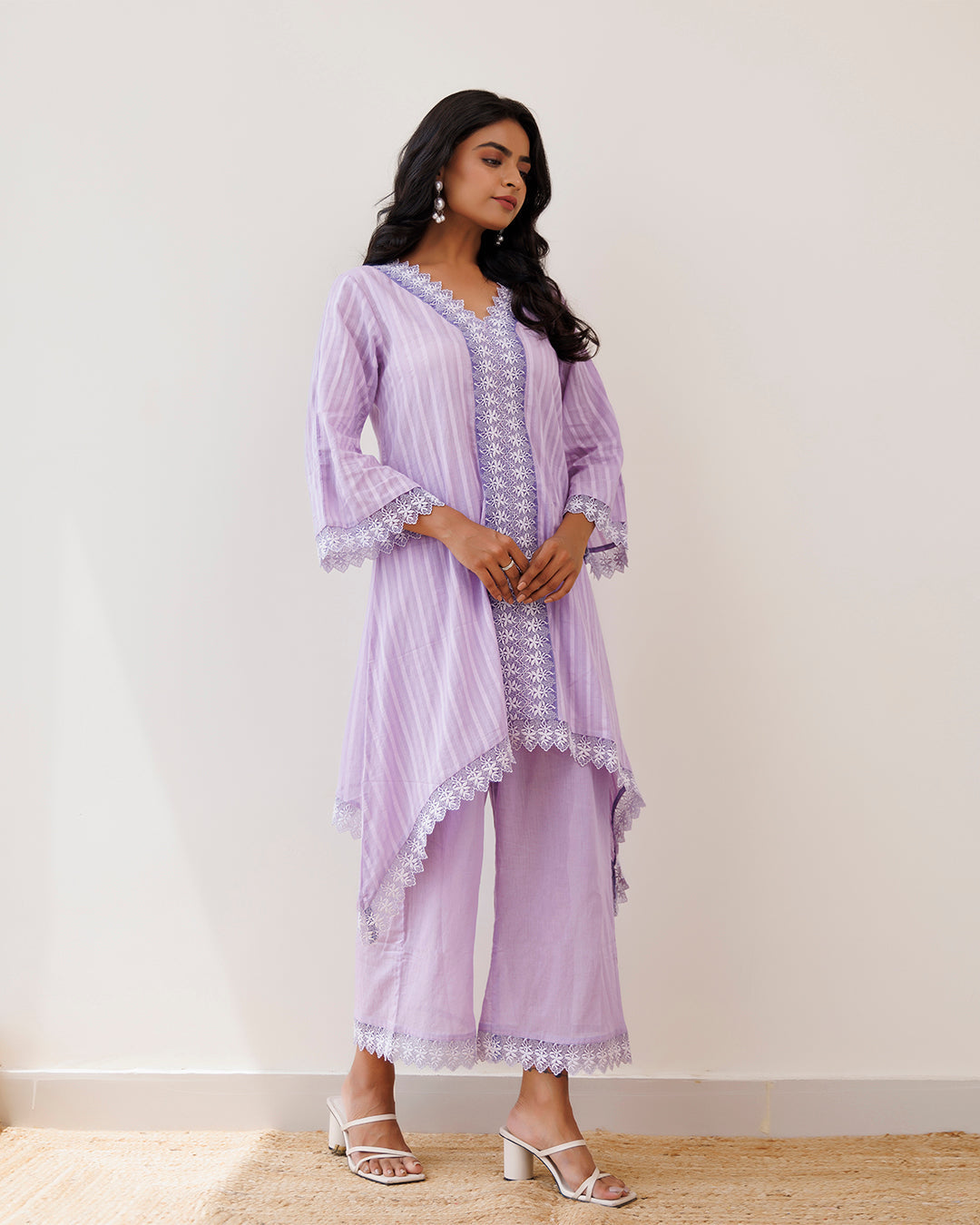 Ghazal Lavender Lino Mul Up-down Lace Co-ord Set