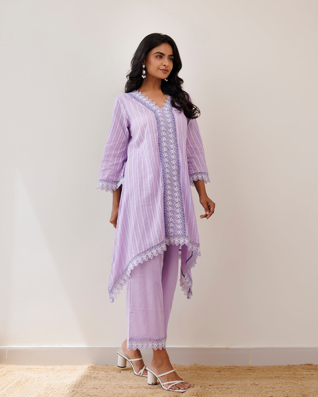 Ghazal Lavender Lino Mul Up-down Lace Co-ord Set