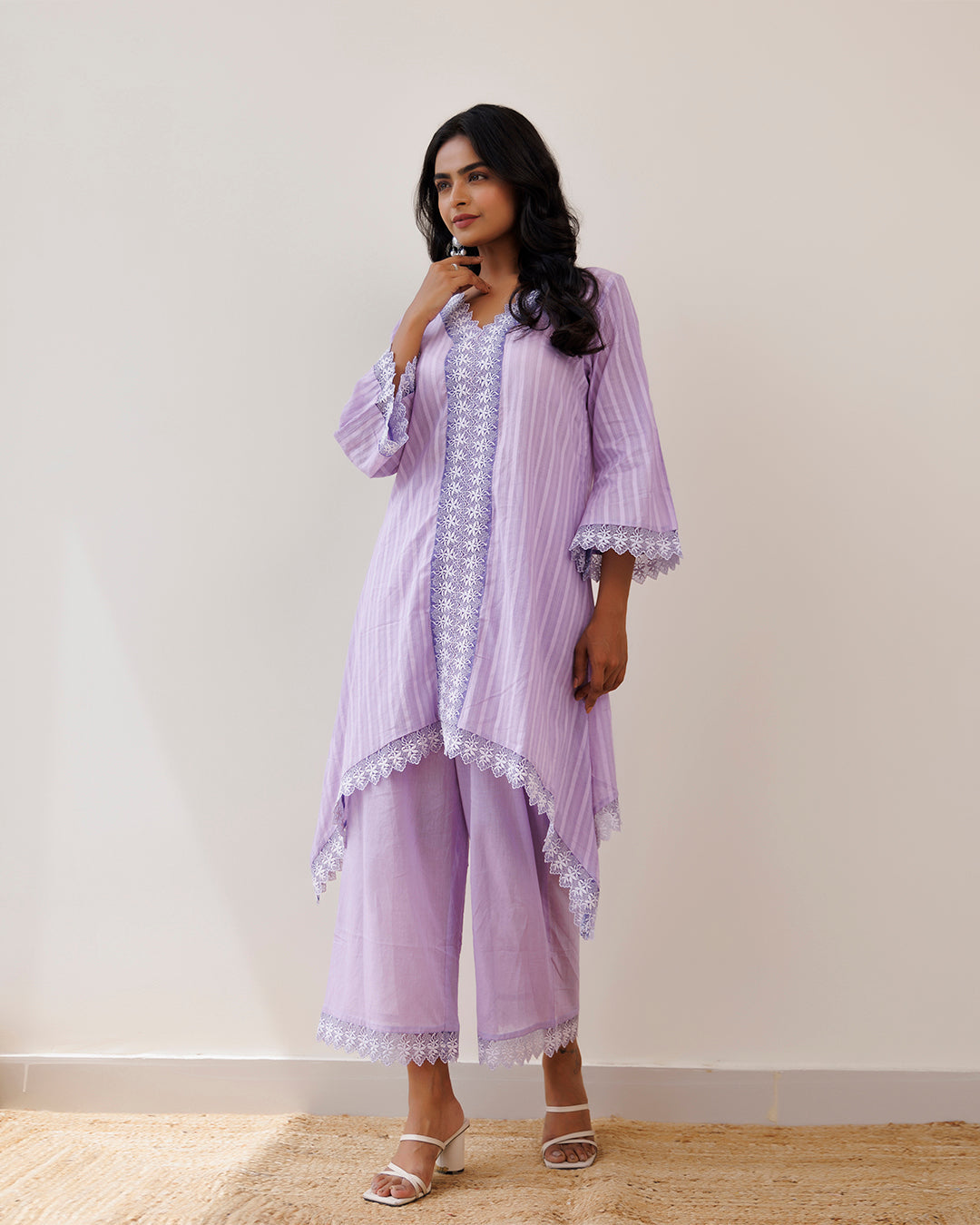 Ghazal Lavender Lino Mul Up-down Lace Co-ord Set