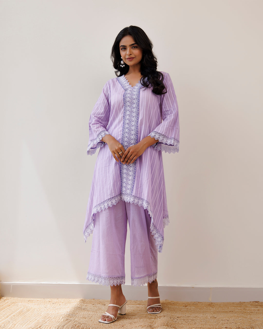 Ghazal Lavender Lino Mul Up-down Lace Co-ord Set