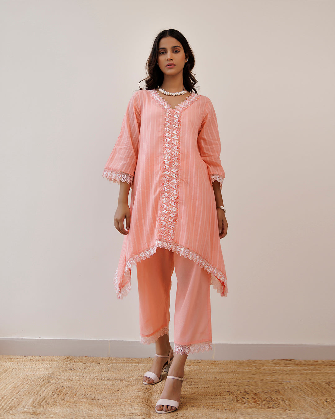 Ghazal Peach Lino Mul Up-down Lace Co-ord Set