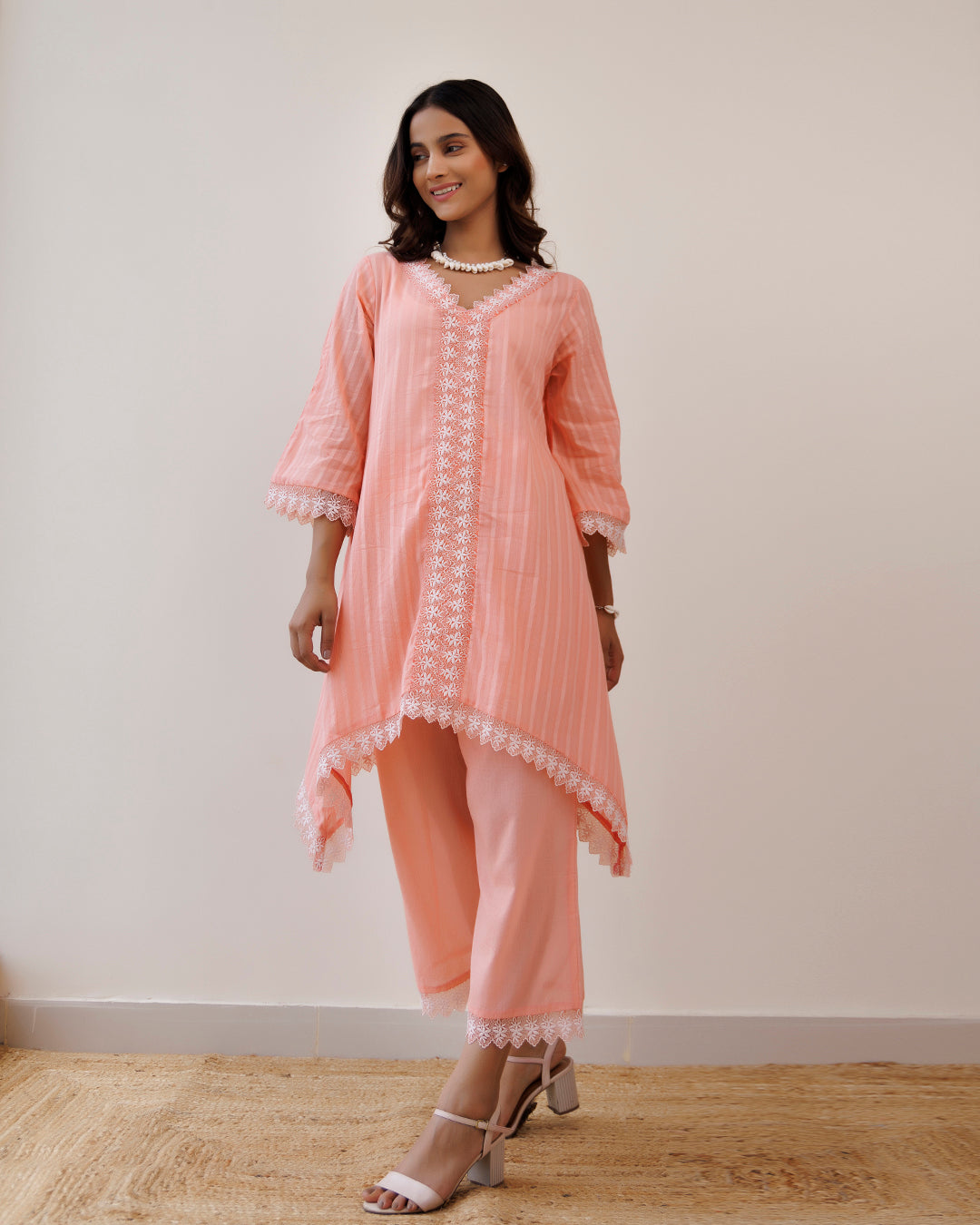 Ghazal Peach Lino Mul Up-down Lace Co-ord Set