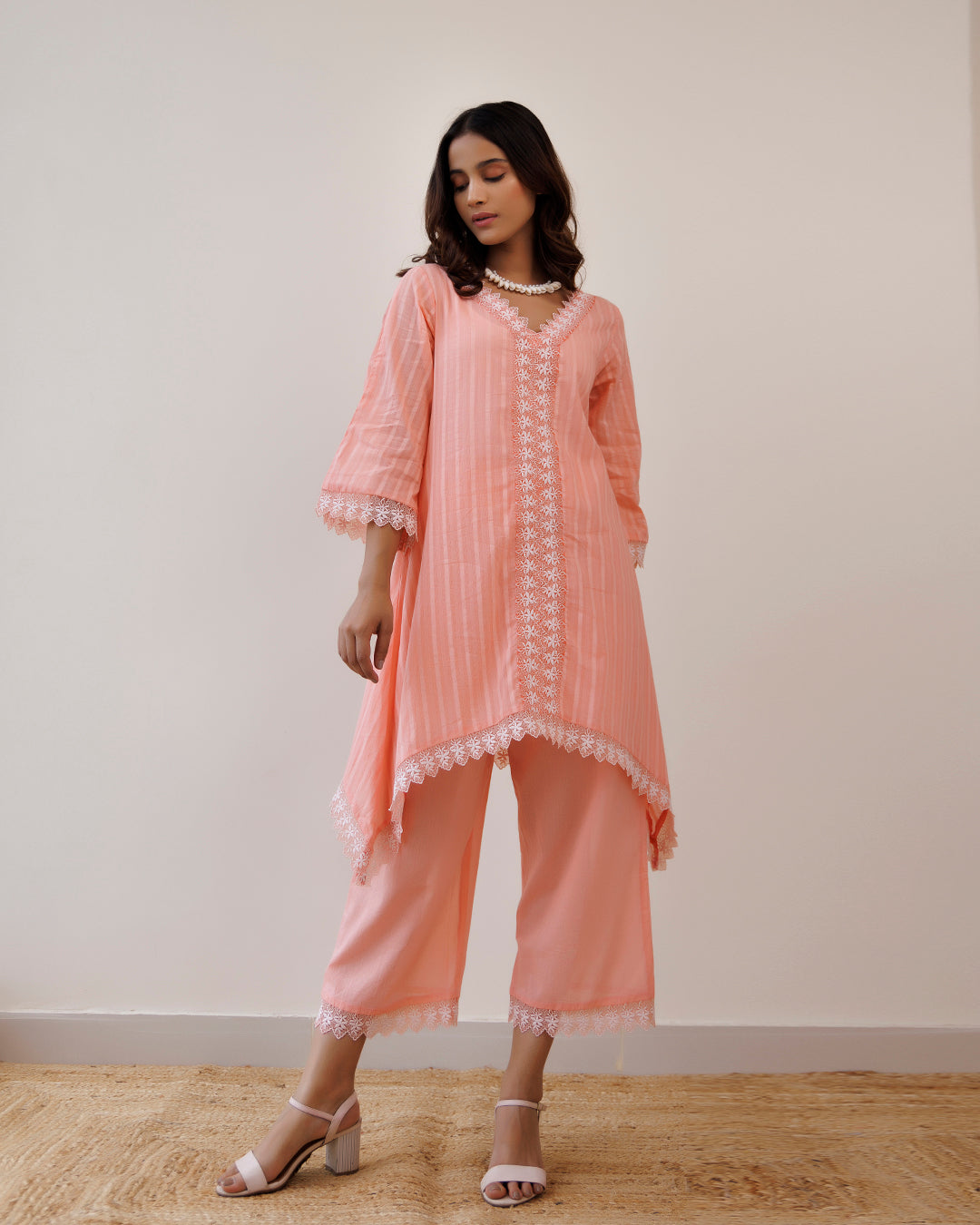 Ghazal Peach Lino Mul Up-down Lace Co-ord Set