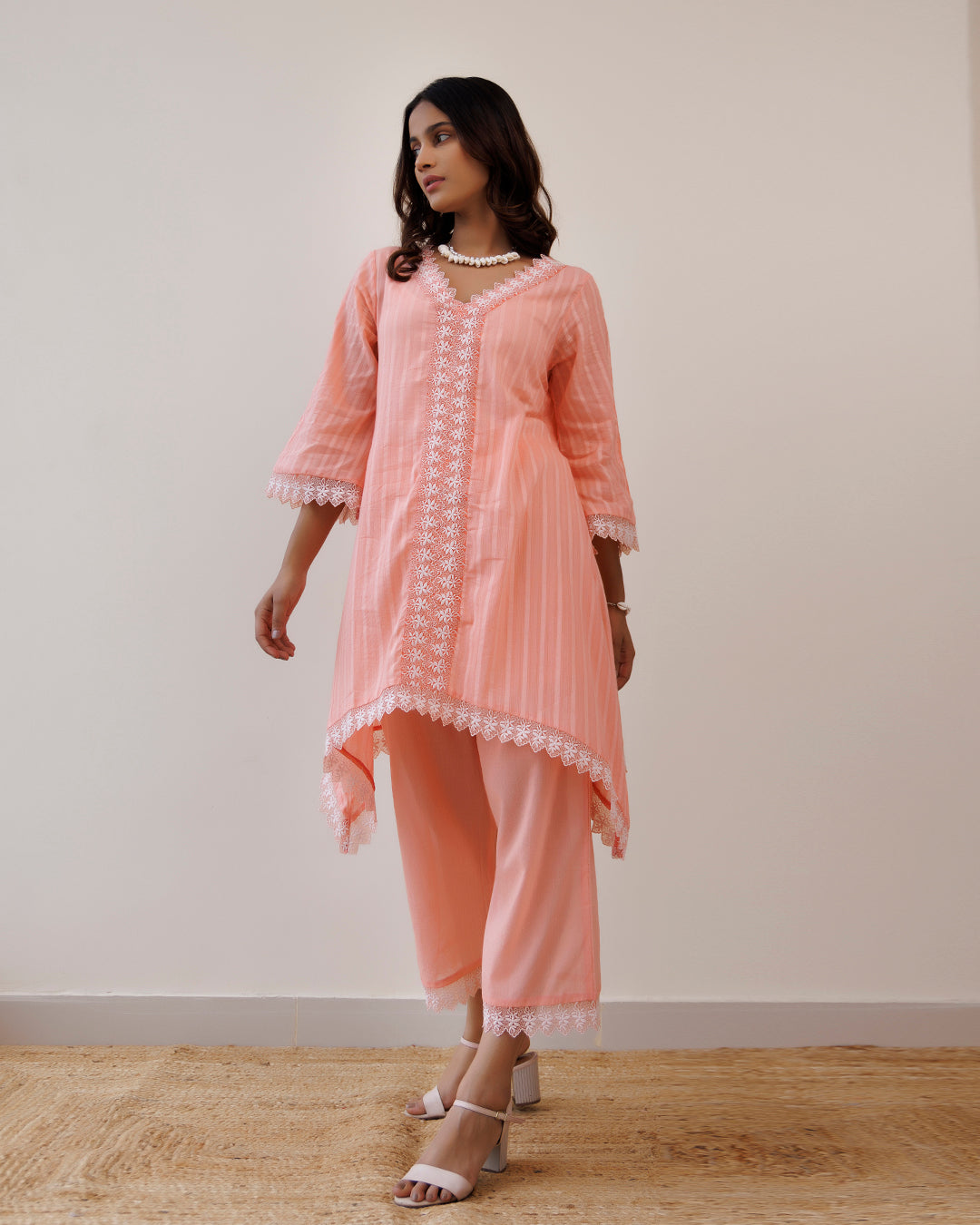 Ghazal Peach Lino Mul Up-down Lace Co-ord Set