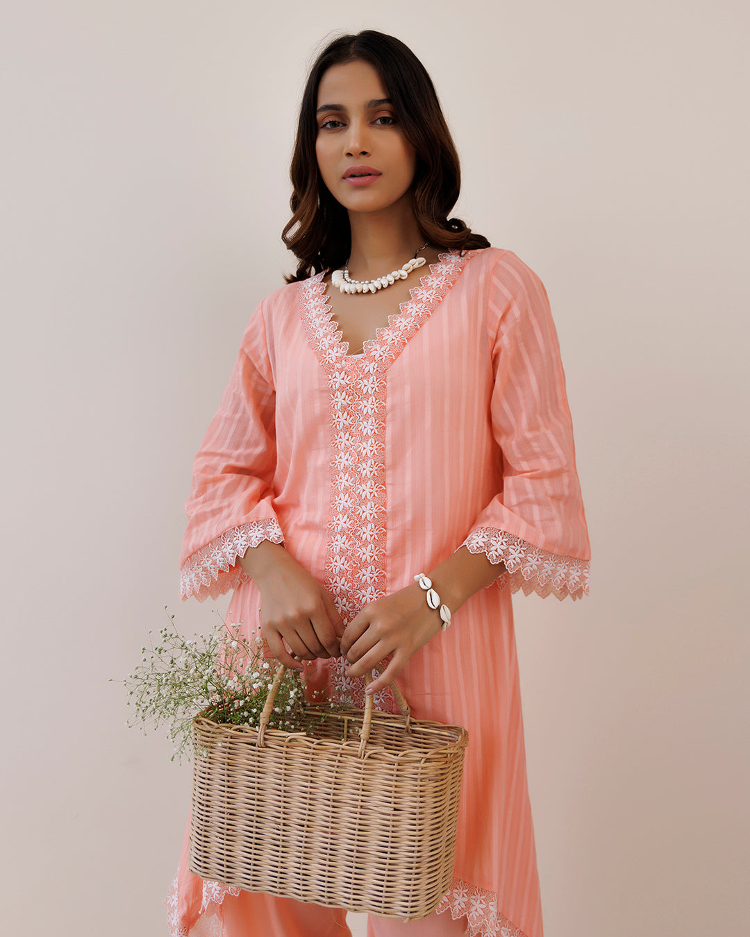 Ghazal Peach Lino Mul Up-down Lace Co-ord Set