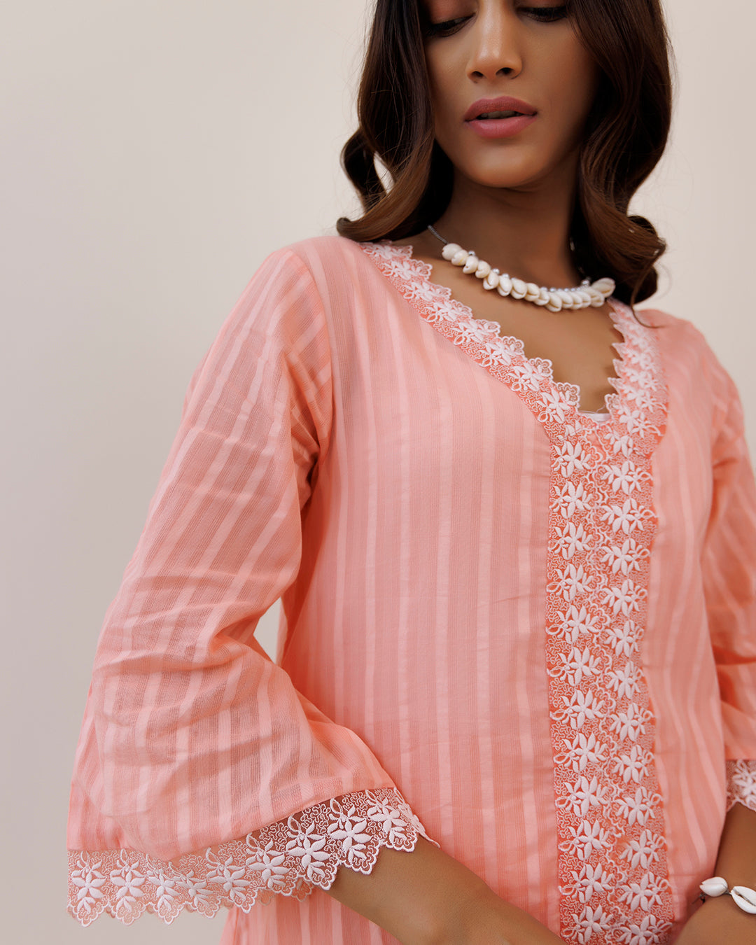 Ghazal Peach Lino Mul Up-down Lace Co-ord Set