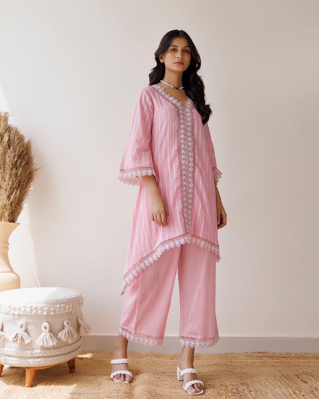 Ghazal Pink Lino Mul Up-down Lace Co-ord Set