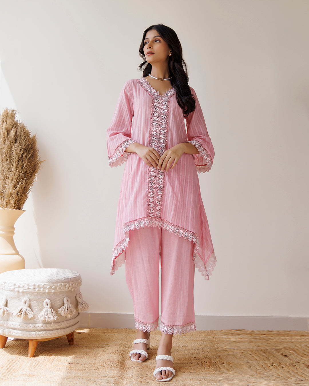 Ghazal Pink Lino Mul Up-down Lace Co-ord Set