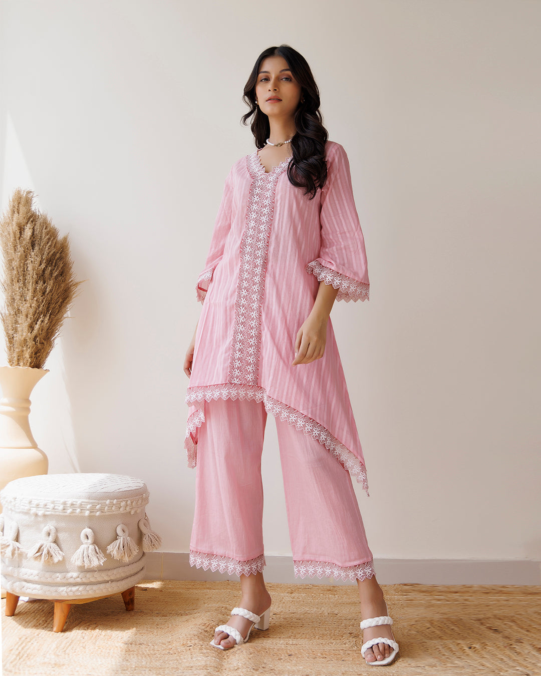 Ghazal Pink Lino Mul Up-down Lace Co-ord Set