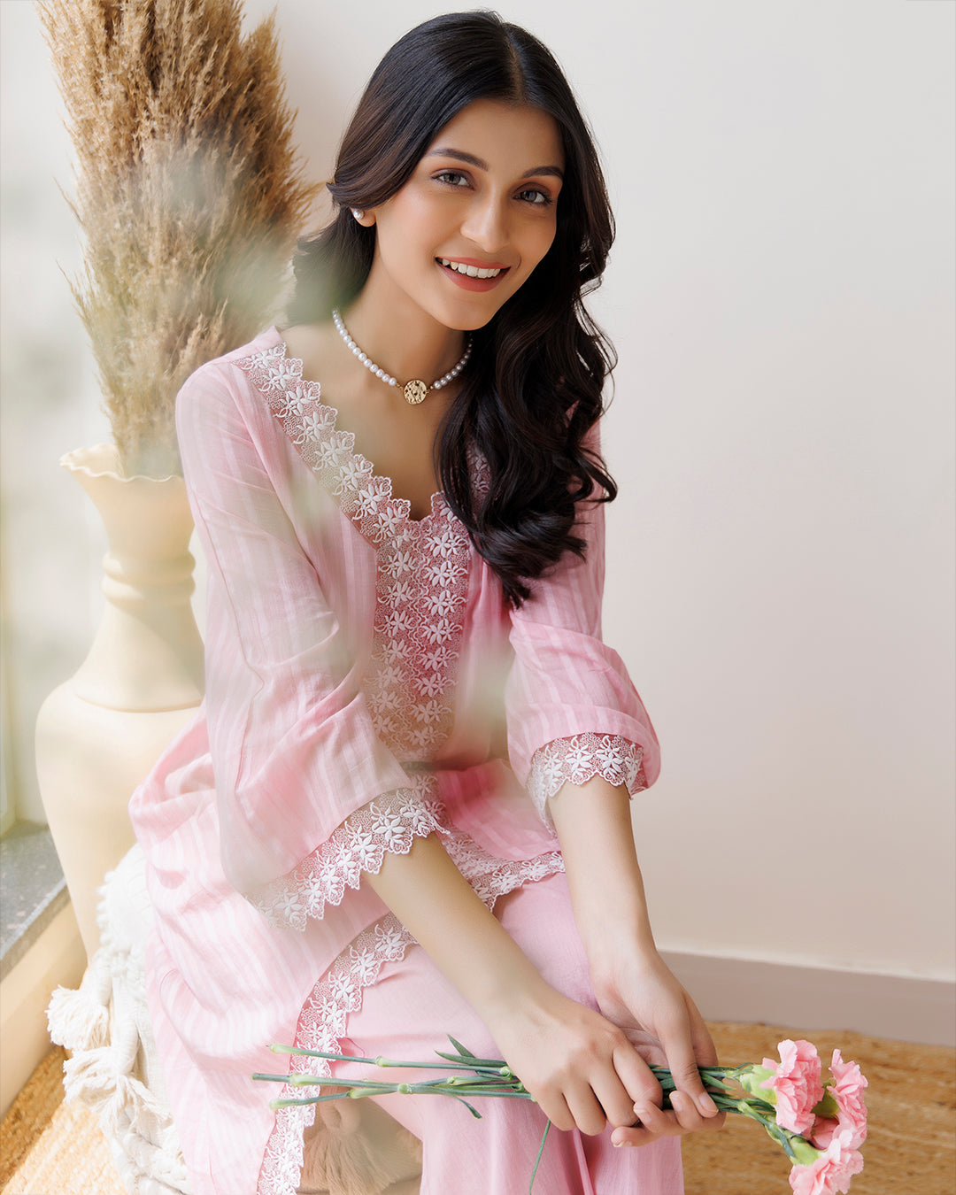 Ghazal Pink Lino Mul Up-down Lace Co-ord Set