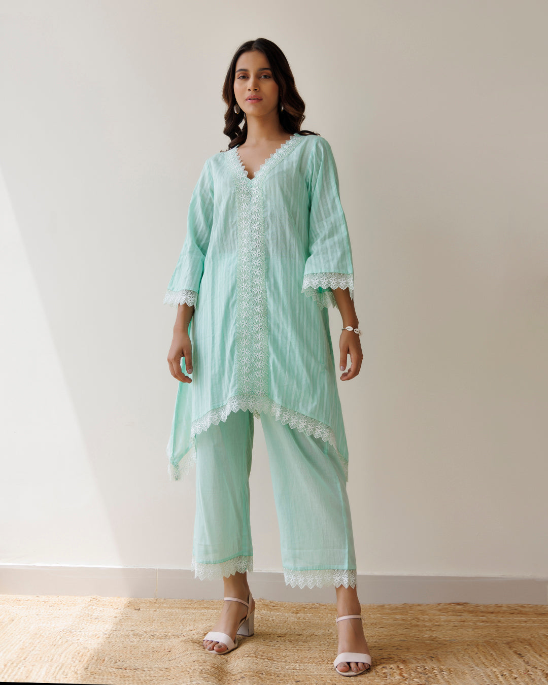 Ghazal Sea Green Lino Mul Up-down Lace Co-ord Set