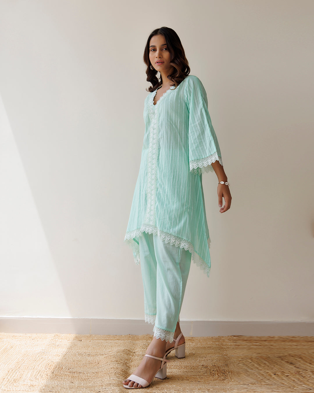 Ghazal Sea Green Lino Mul Up-down Lace Co-ord Set