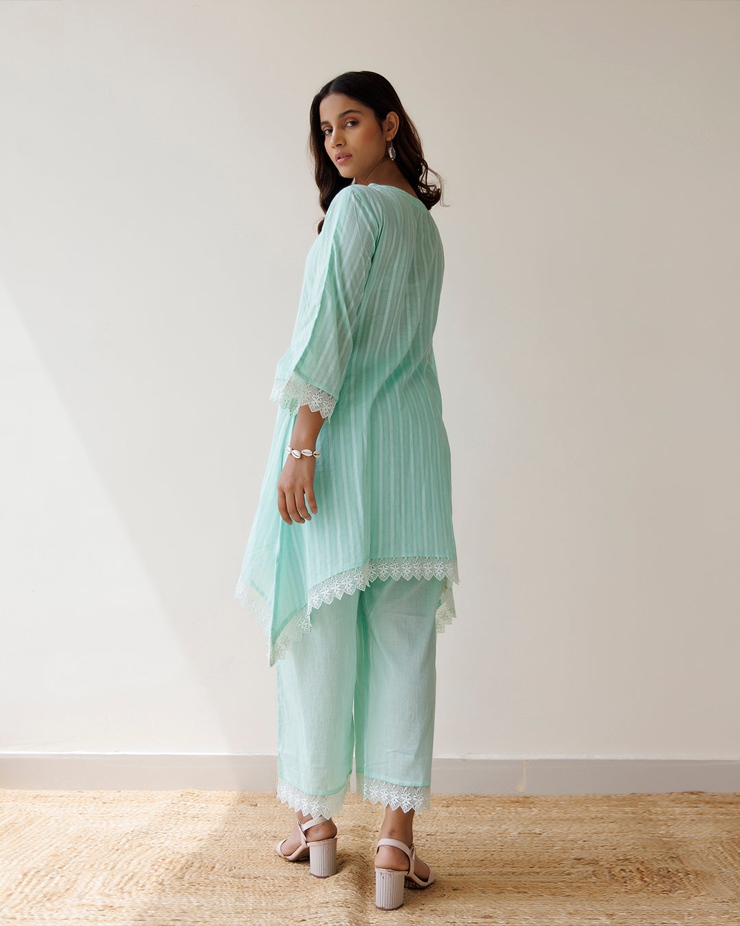 Ghazal Sea Green Lino Mul Up-down Lace Co-ord Set