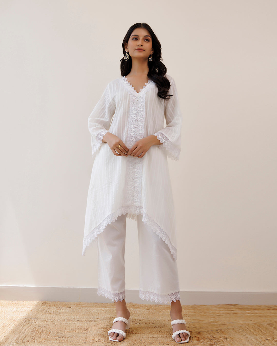 Ghazal White Lino Mul Up-down Lace Co-ord Set