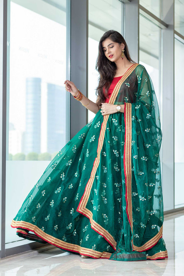 Bottle Green And Red Lehenga Set