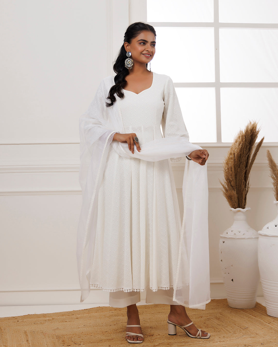 Ivory Schiffili Anarkali Suit Set