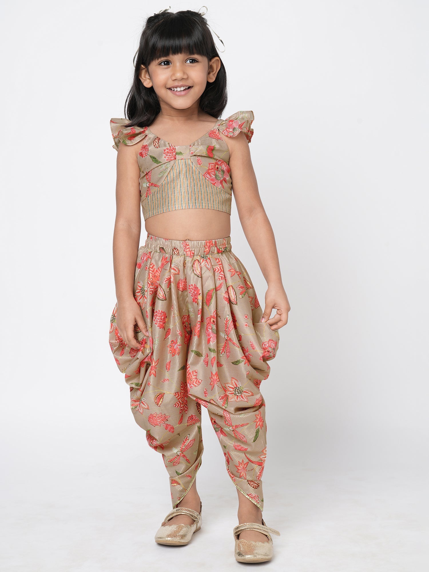 Golden Weaves  Beige Crop Top with Dhoti Girls Co-ordinate set