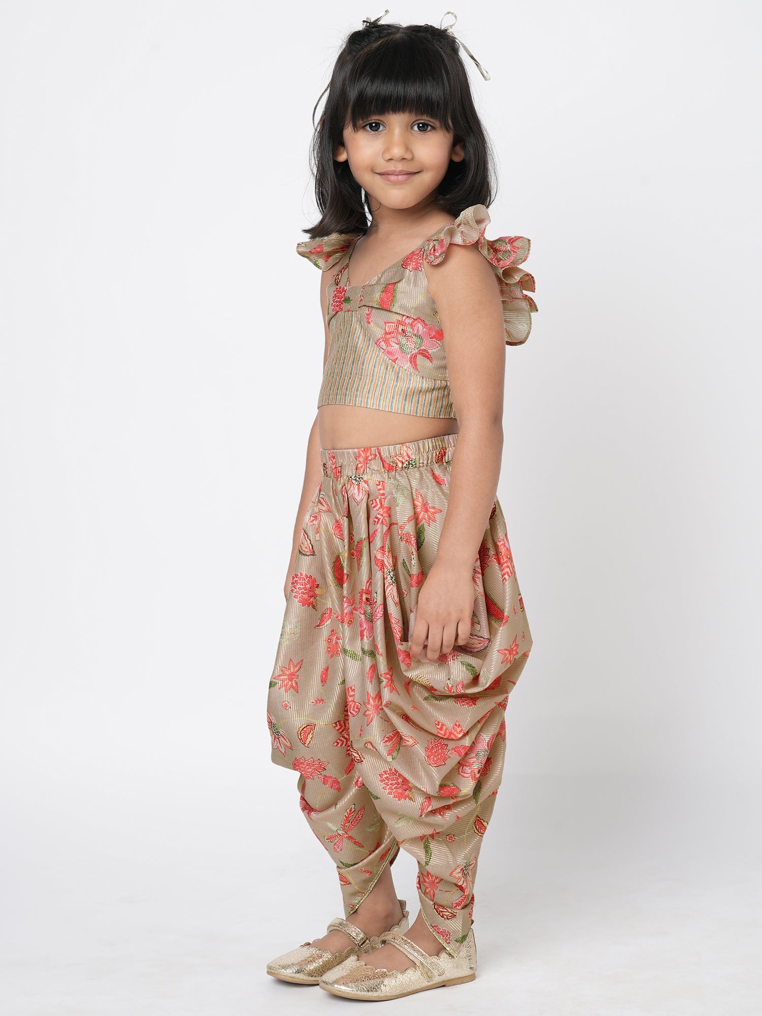 Golden Weaves  Beige Crop Top with Dhoti Girls Co-ordinate set