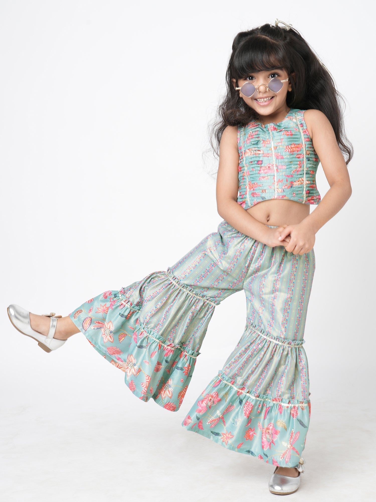 Golden Weaves Blue Crop Top with Palazzo Girls Co-ordinate set