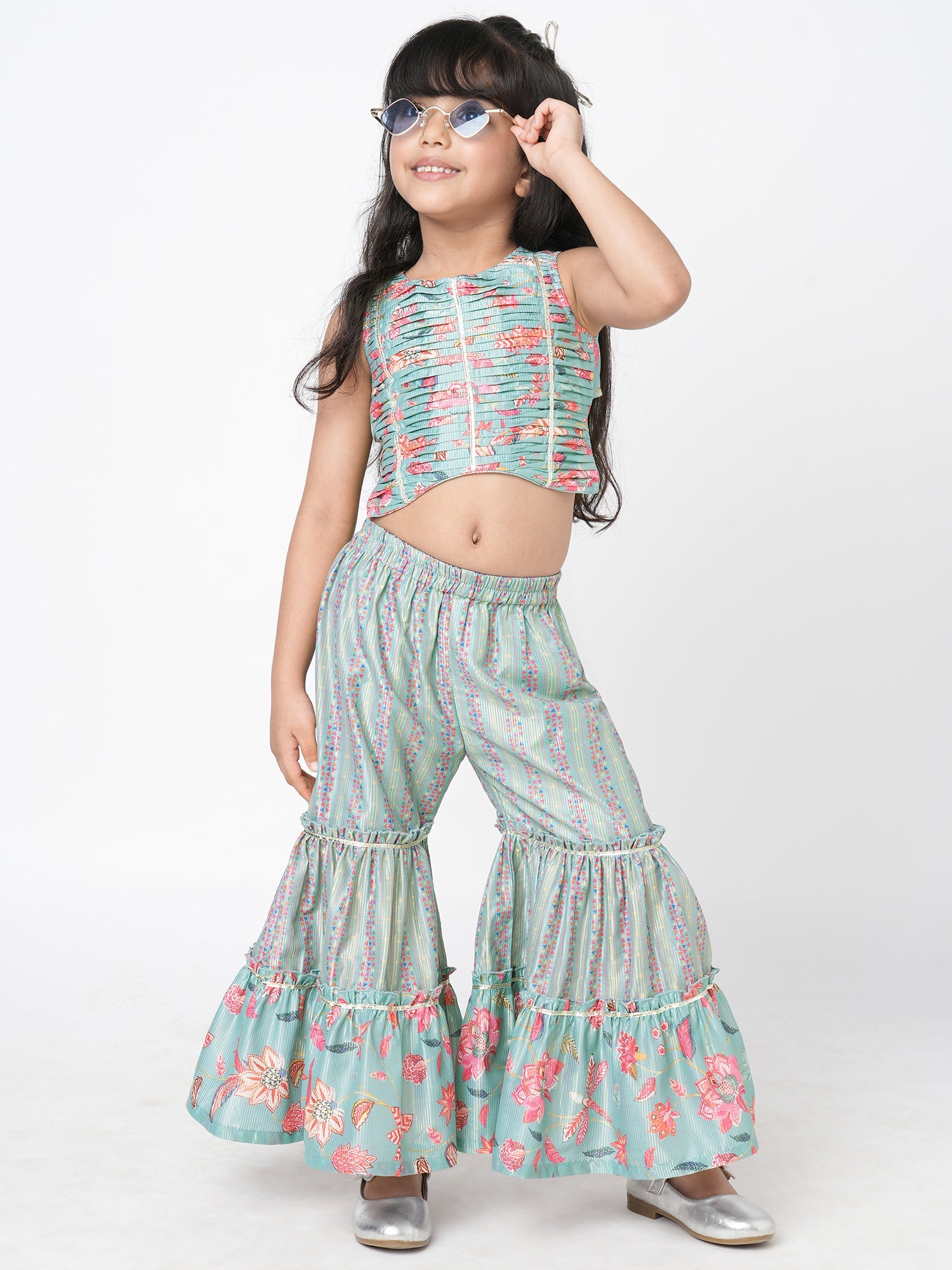 Golden Weaves Blue Crop Top with Palazzo Girls Co-ordinate set