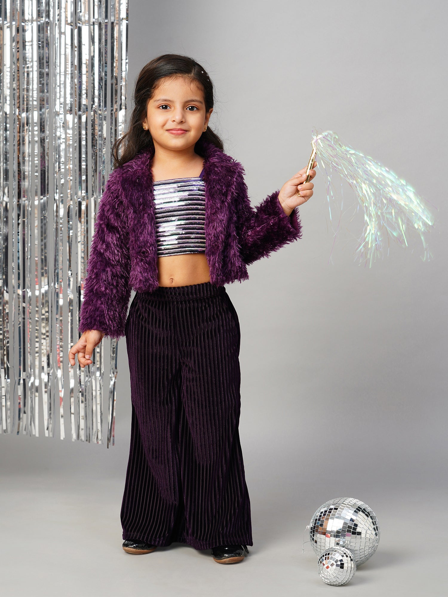 Glam Up Girls Party Fur Jacket With Palazzo Pant