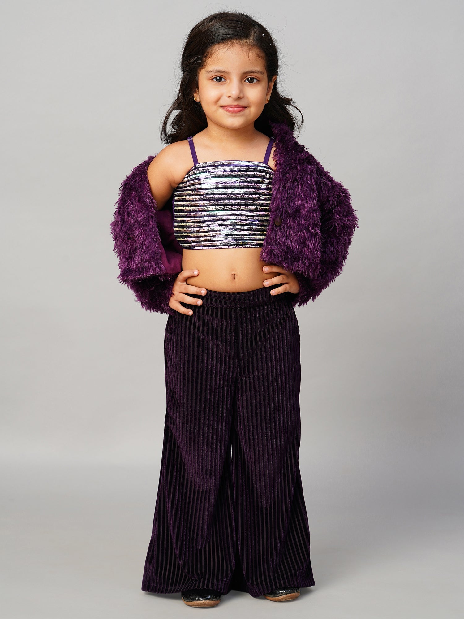 Glam Up Girls Party Fur Jacket With Palazzo Pant