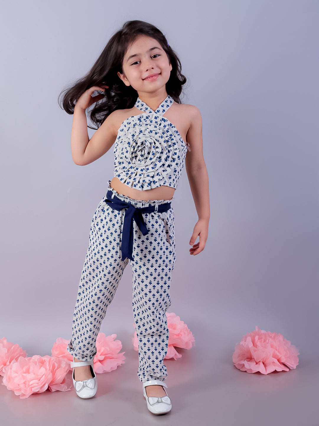 Jaipur Girls White Printed Top with Printed Pant Girls Co-ordinate set