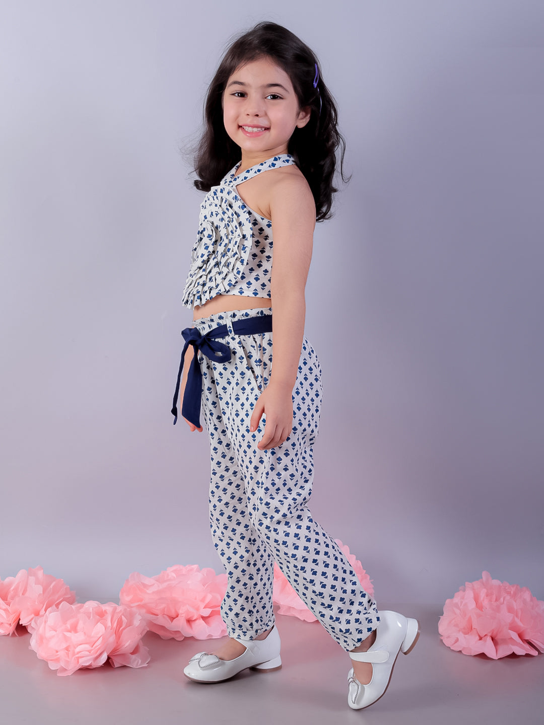 Jaipur Girls White Printed Top with Printed Pant Girls Co-ordinate set