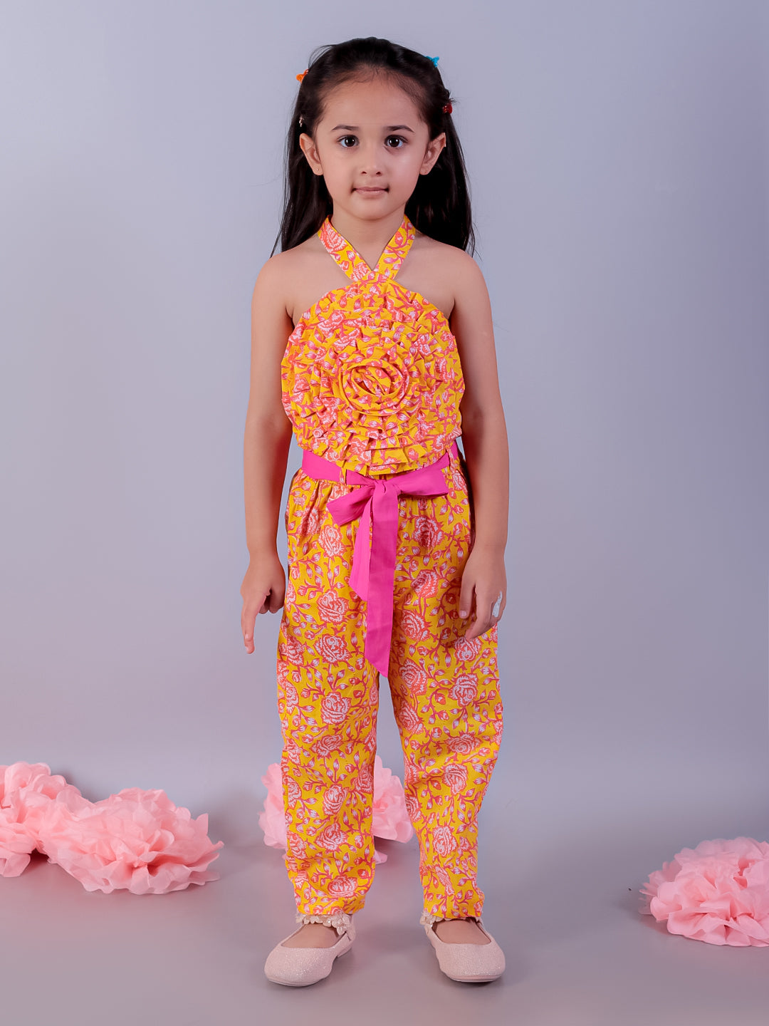 Jaipur Girls Yellow Printed Top with Printed Pant Girls Co-ordinate set