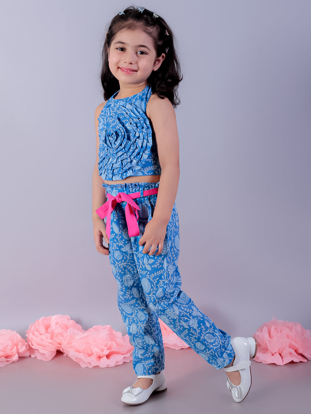 Jaipur Girls Blue Printed Top with Printed Pant Girls Co-ordinate set