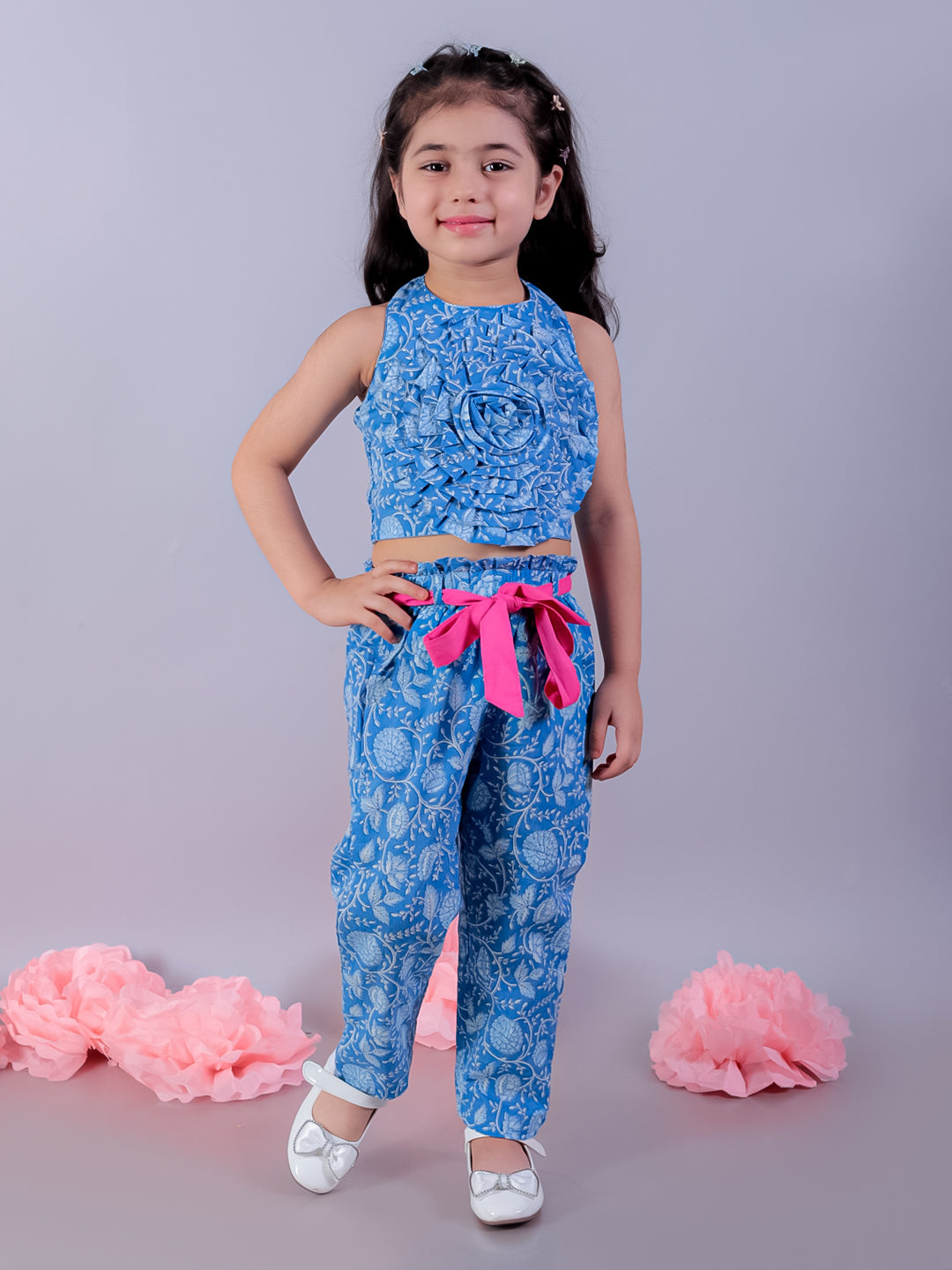 Jaipur Girls Blue Printed Top with Printed Pant Girls Co-ordinate set