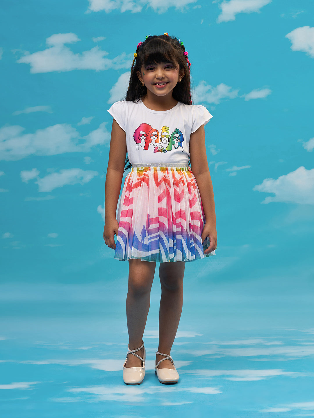 Rainbow Barbie Girls White T-shirt with Skirt Party Co-ordinate Set