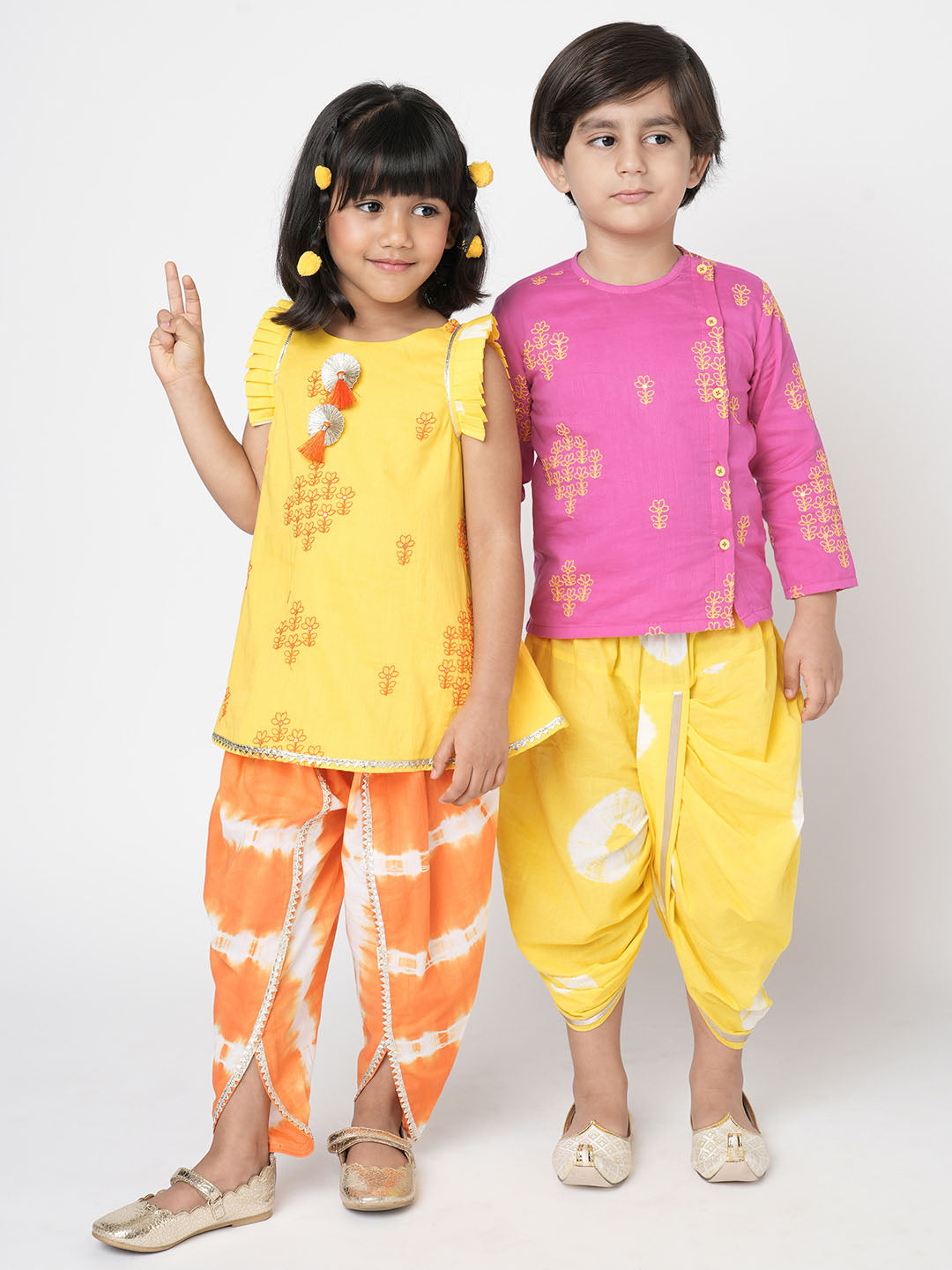 Marigold Magic Girls Yellow Embroidered Kurta with Dhoti set