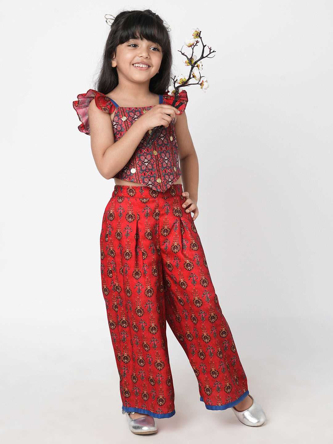 Ethnic Twist Girls Red Print Box Pleat Pant with Top Girls Co-ordinate set