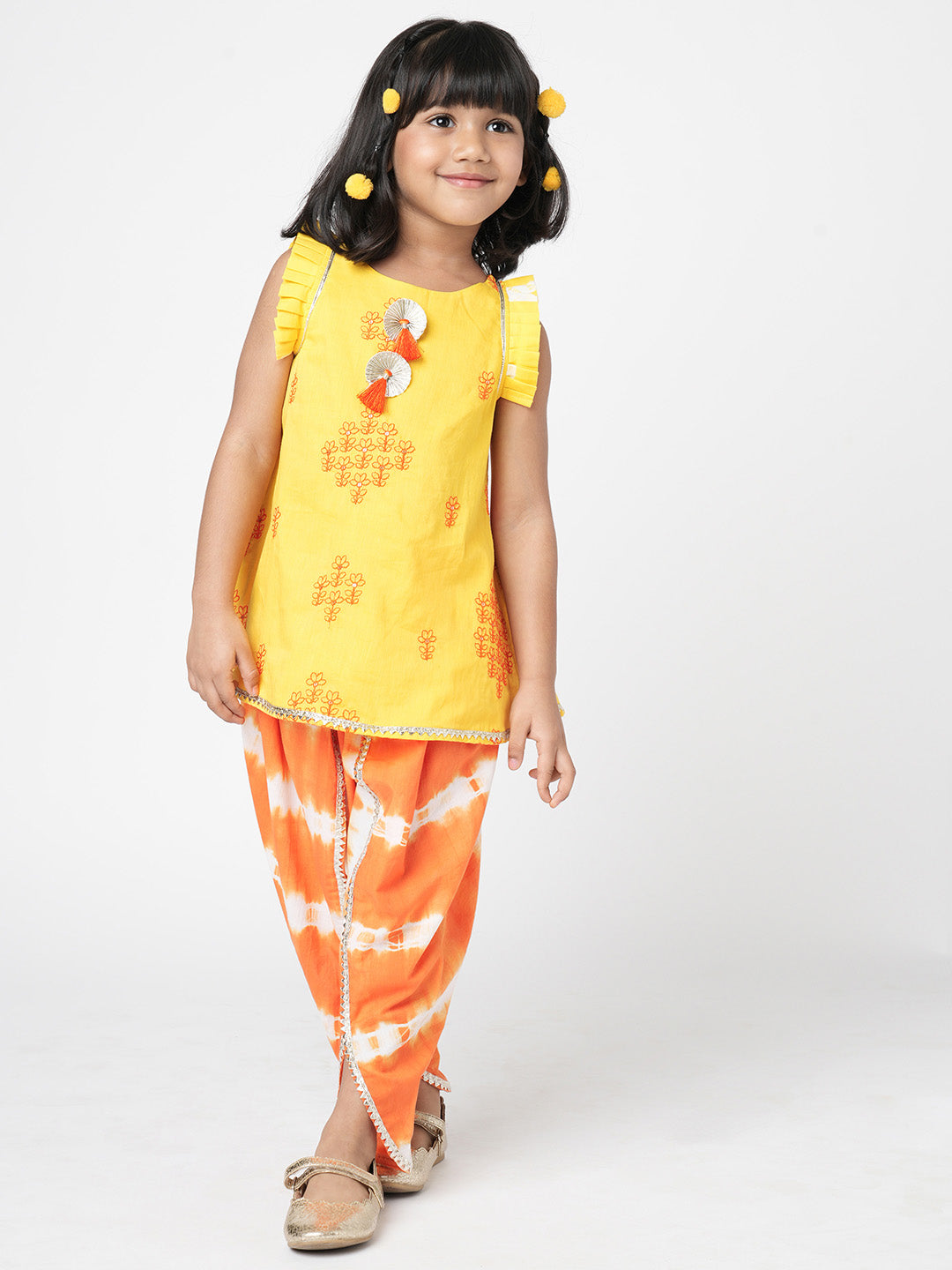 Marigold Magic Girls Yellow Embroidered Kurta with Dhoti set