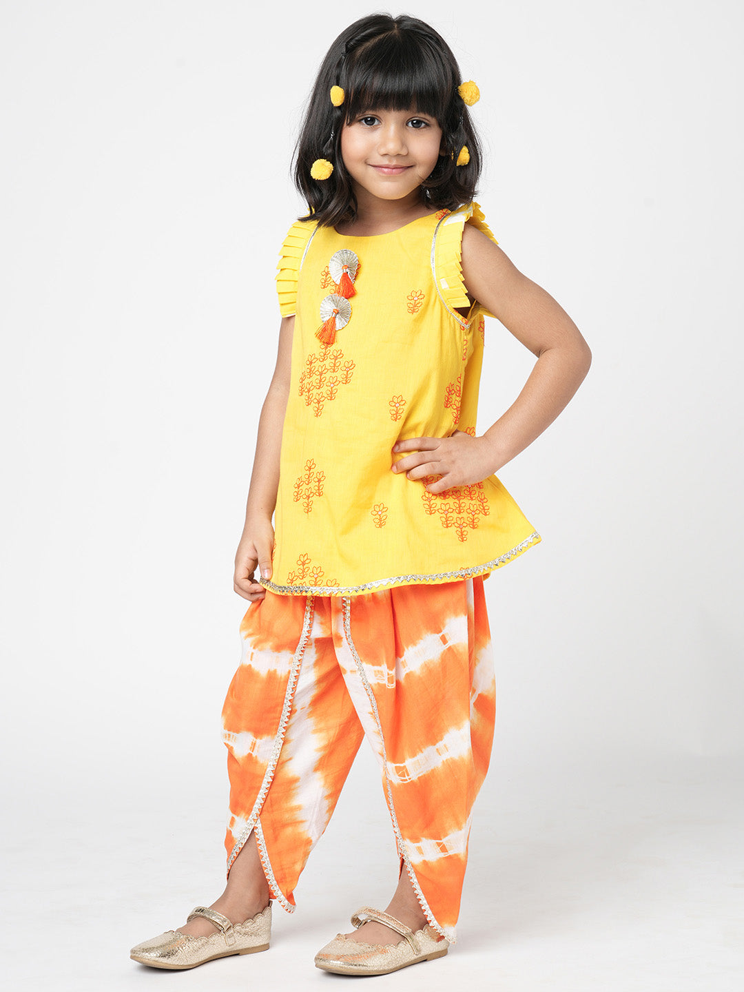 Marigold Magic Girls Yellow Embroidered Kurta with Dhoti set