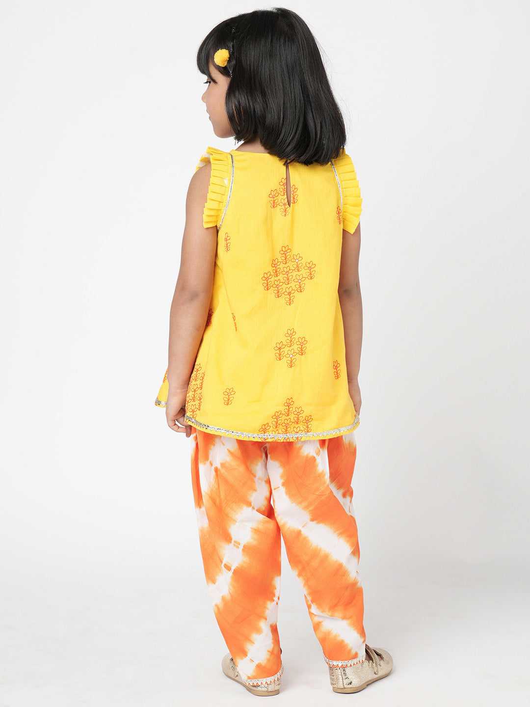 Marigold Magic Girls Yellow Embroidered Kurta with Dhoti set